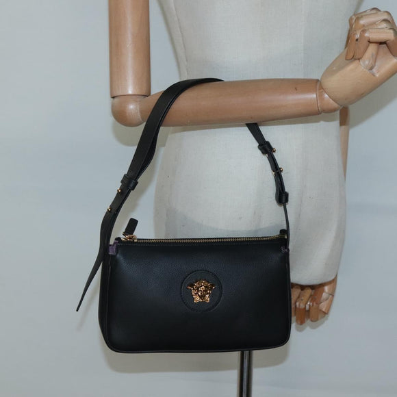 VERSACE Shoulder Bag Leather Black Gold Auth 130271