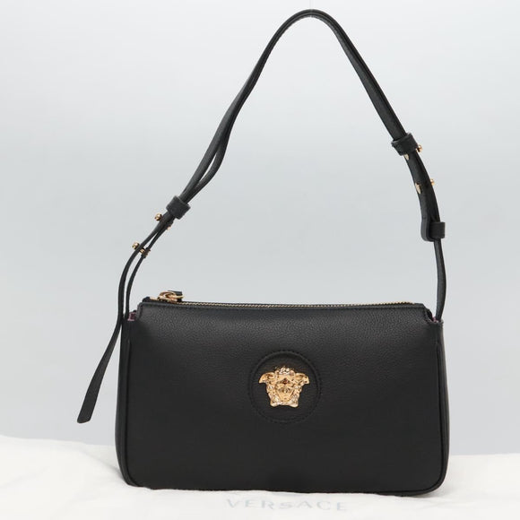 VERSACE Shoulder Bag Leather Black Gold Auth 130271