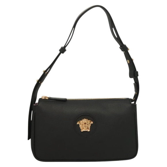 VERSACE Shoulder Bag Leather Black Gold Auth 130273