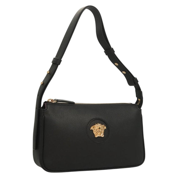 VERSACE Shoulder Bag Leather Black Gold Auth 130274
