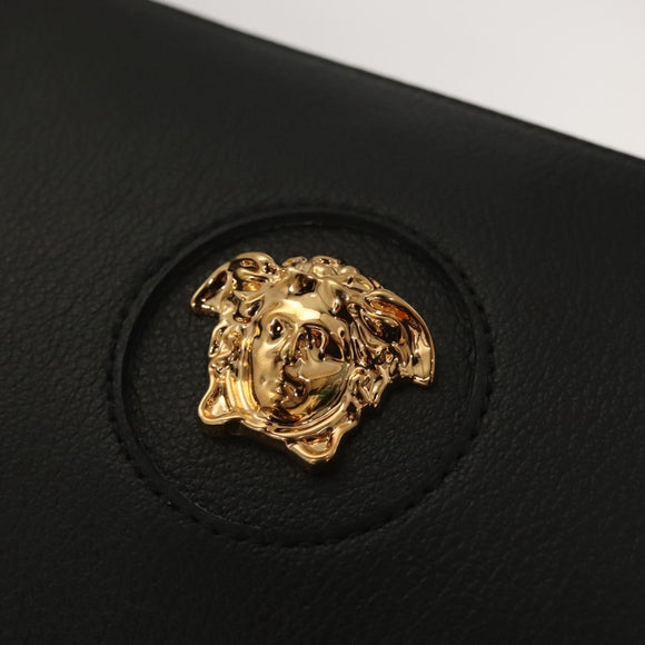 VERSACE Shoulder Bag Leather Black Gold Auth 130274