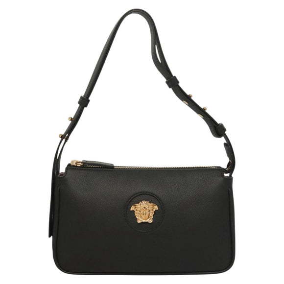 VERSACE Shoulder Bag Leather Black Gold Auth 130274