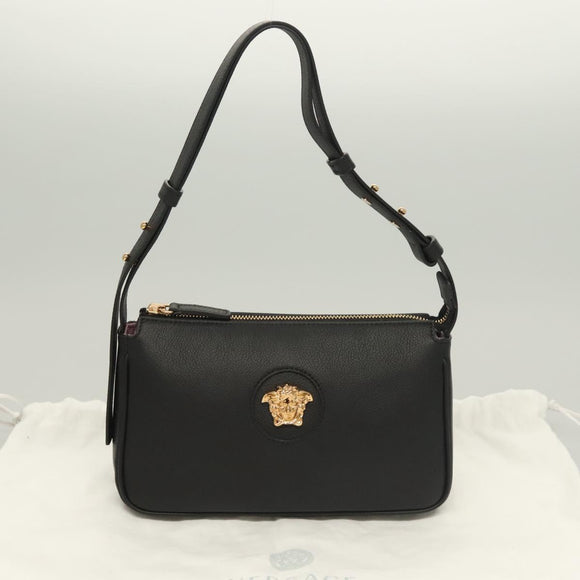 VERSACE Shoulder Bag Leather Black Gold Auth 130274