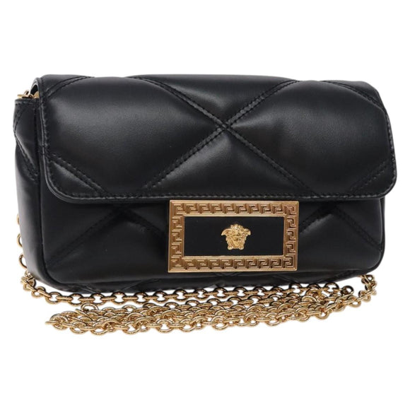 VERSACE Chain Shoulder Bag Leather Black Gold Auth 130278