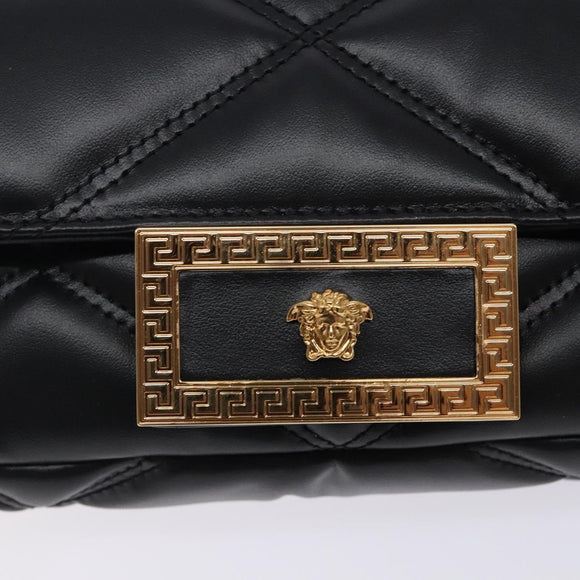 VERSACE Chain Shoulder Bag Leather Black Gold Auth 130278
