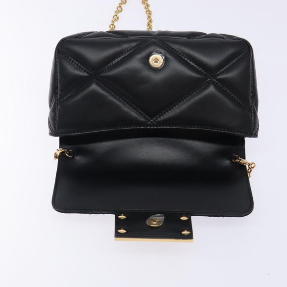 VERSACE Chain Shoulder Bag Leather Black Gold Auth 130278