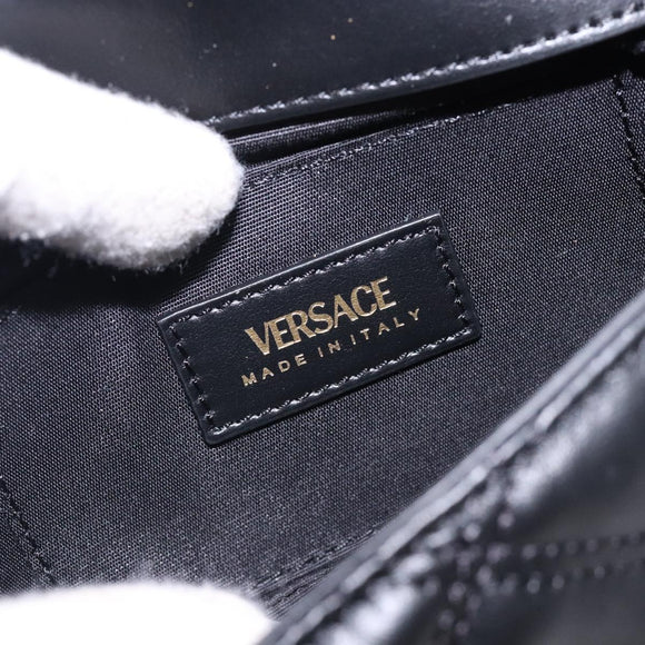 VERSACE Chain Shoulder Bag Leather Black Gold Auth 130278