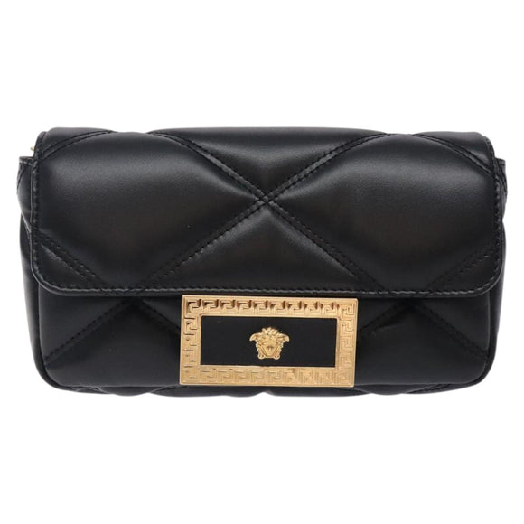 VERSACE Chain Shoulder Bag Leather Black Gold Auth 130278
