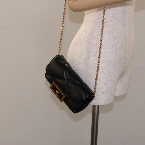 VERSACE Chain Shoulder Bag Leather Black Gold Auth 130278