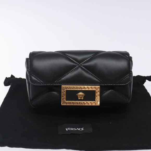 VERSACE Chain Shoulder Bag Leather Black Gold Auth 130278