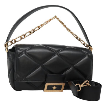 VERSACE Chain Hand Bag Leather 3way Black Gold Auth 130283