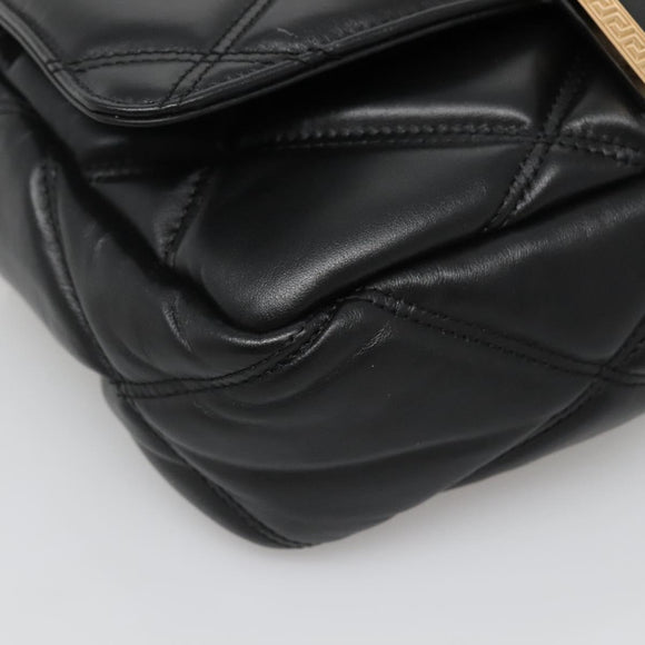 VERSACE Chain Hand Bag Leather 3way Black Gold Auth 130283