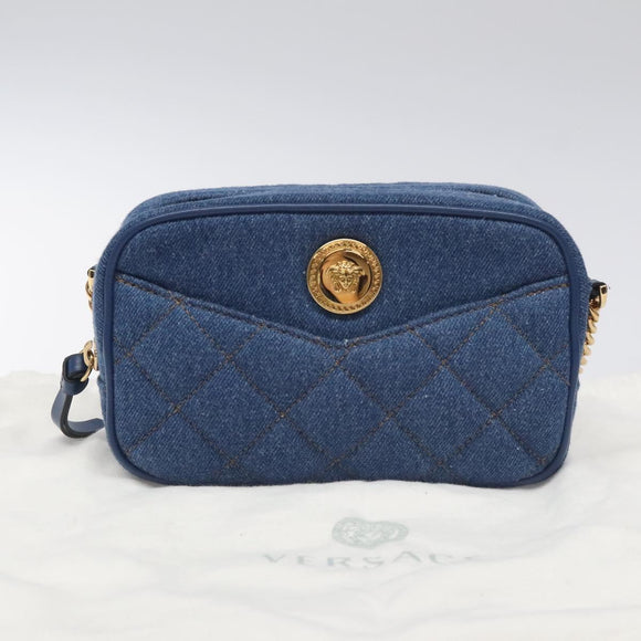 VERSACE Chain Shoulder Bag Denim Blue Gold Auth 130284