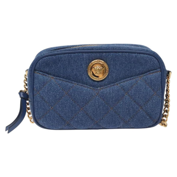 VERSACE Chain Shoulder Bag Denim Blue Gold Auth 130284