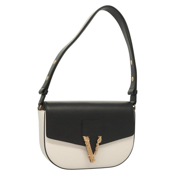 VERSACE Shoulder Bag Leather Black Gold white Auth 130294