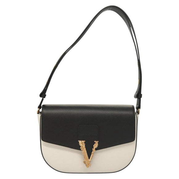 VERSACE Shoulder Bag Leather Black Gold white Auth 130294