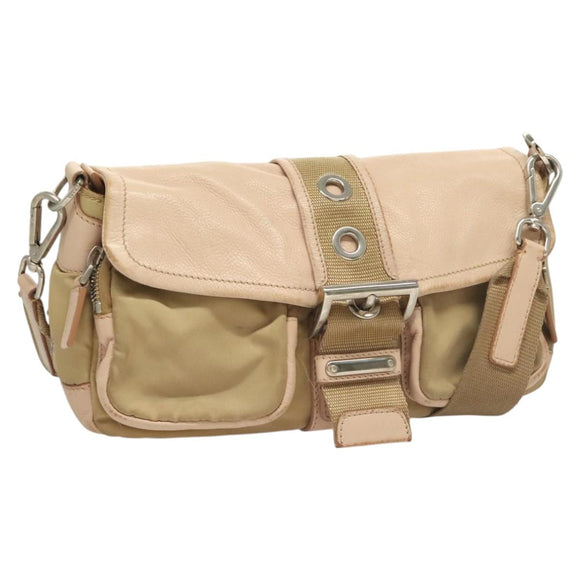 PRADA Shoulder Bag Nylon Leather Beige Silver Auth 130350