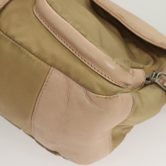 PRADA Shoulder Bag Nylon Leather Beige Silver Auth 130350