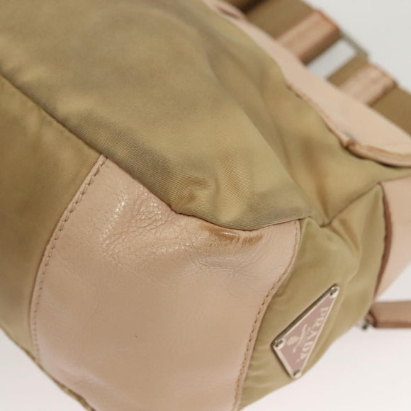 PRADA Shoulder Bag Nylon Leather Beige Silver Auth 130350