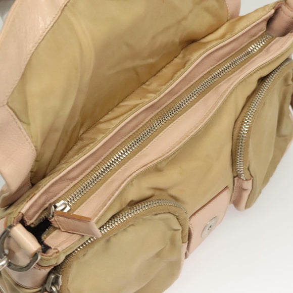 PRADA Shoulder Bag Nylon Leather Beige Silver Auth 130350