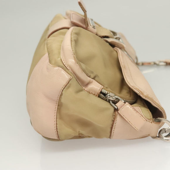 PRADA Shoulder Bag Nylon Leather Beige Silver Auth 130350
