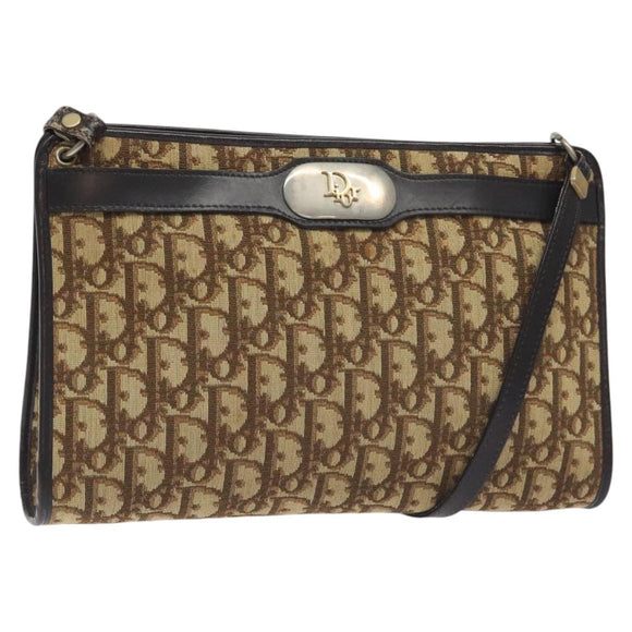 Christian Dior Trotter Canvas Shoulder Bag Brown Gold Auth 130355