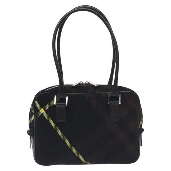 BURBERRY Nova Check Shoulder Bag Wool Leather Black Silver Auth 130359