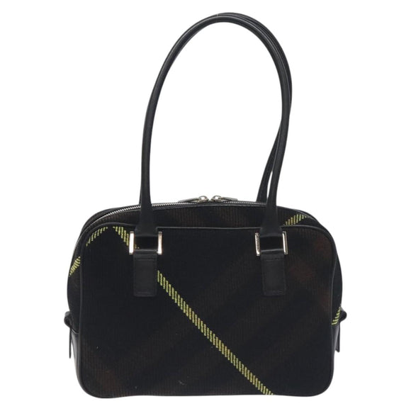 BURBERRY Nova Check Shoulder Bag Wool Leather Black Silver Auth 130359