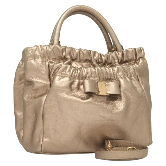 Salvatore Ferragamo Vala Hand Bag Leather 2way Gold Auth 130369