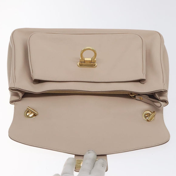 Salvatore Ferragamo Chain Gancini Shoulder Bag Leather Beige Gold Auth 130371