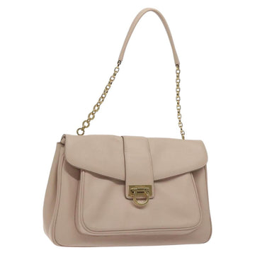 Salvatore Ferragamo Chain Gancini Shoulder Bag Leather Beige Gold Auth 130371