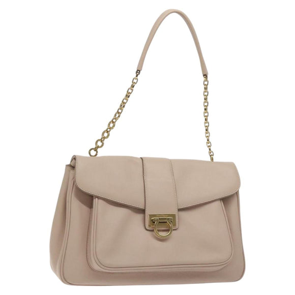Salvatore Ferragamo Chain Gancini Shoulder Bag Leather Beige Gold Auth 130371