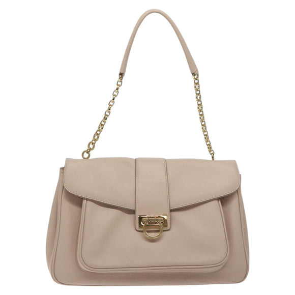 Salvatore Ferragamo Chain Gancini Shoulder Bag Leather Beige Gold Auth 130371