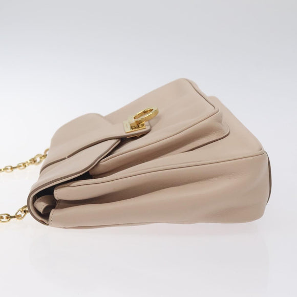 Salvatore Ferragamo Chain Gancini Shoulder Bag Leather Beige Gold Auth 130371