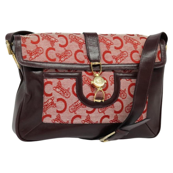 CELINE C Sulky Shoulder Bag Canvas Leather Red Gold Auth 130407