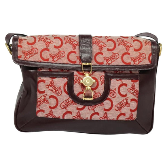 CELINE C Sulky Shoulder Bag Canvas Leather Red Gold Auth 130407