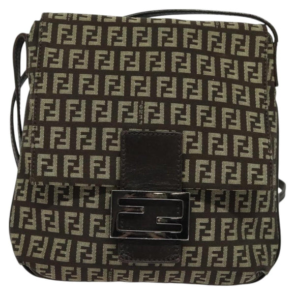 FENDI Zucchino Canvas Mamma Shoulder Bag Brown Auth 130418