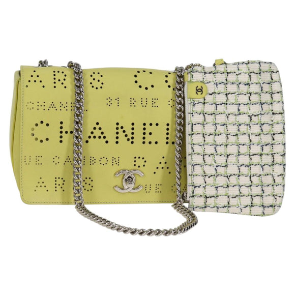 CHANEL Chain Shoulder Bag Leather 2way Yellow CC Auth 130486SM