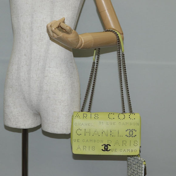 CHANEL Chain Shoulder Bag Leather 2way Yellow CC Auth 130486SM