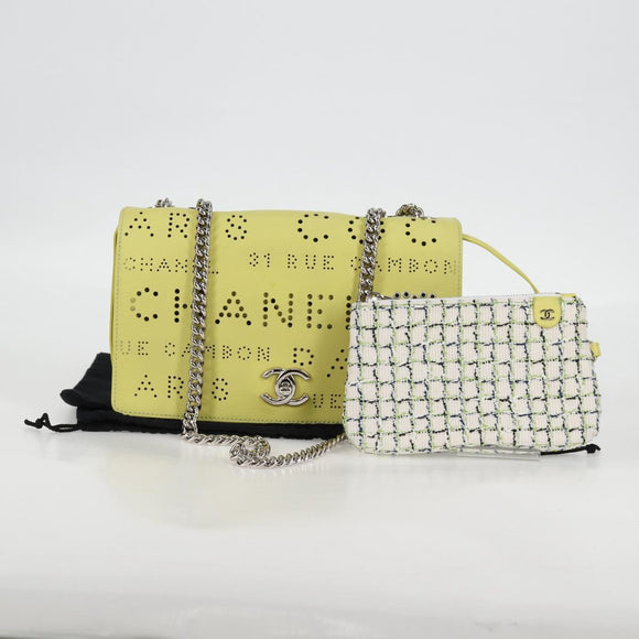 CHANEL Chain Shoulder Bag Leather 2way Yellow CC Auth 130486SM