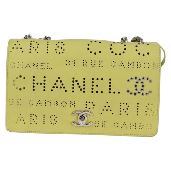 CHANEL Chain Shoulder Bag Leather 2way Yellow CC Auth 130486SM