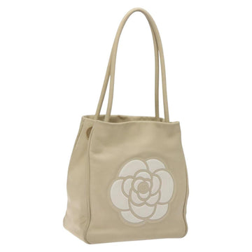 CHANEL Camelia Tote Bag Lamb Skin Beige Gold CC Auth 130497