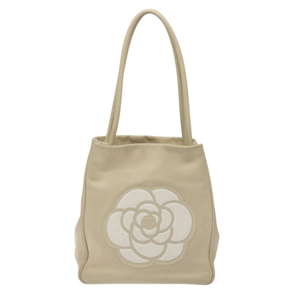 CHANEL Camelia Tote Bag Lamb Skin Beige Gold CC Auth 130497