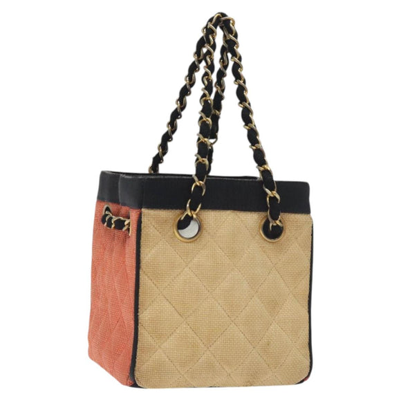 CHANEL Matelasse Chain Hand Bag Raffia Orange Gold CC Auth 130503