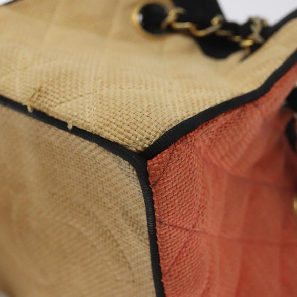 CHANEL Matelasse Chain Hand Bag Raffia Orange Gold CC Auth 130503