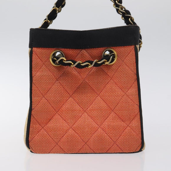CHANEL Matelasse Chain Hand Bag Raffia Orange Gold CC Auth 130503
