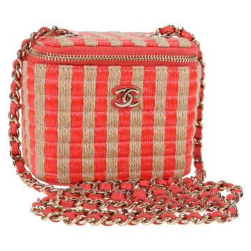 CHANEL Chain Shoulder Bag Raffia Red Gold CC Auth 130508M