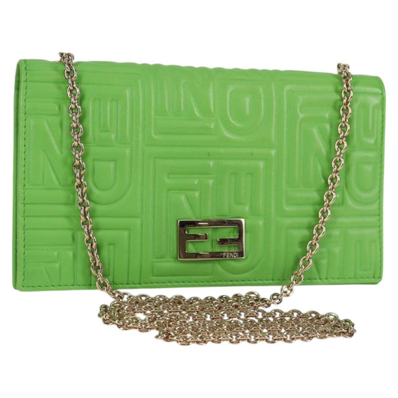 FENDI Chain Shoulder Wallet Leather Green Gold Auth 130512M