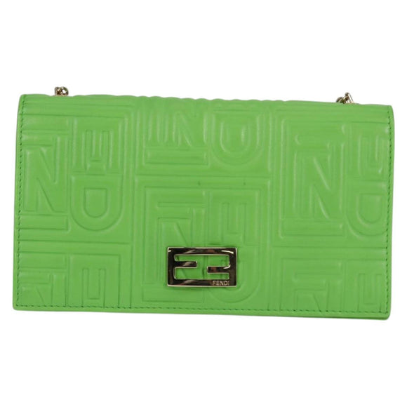 FENDI Chain Shoulder Wallet Leather Green Gold Auth 130512M