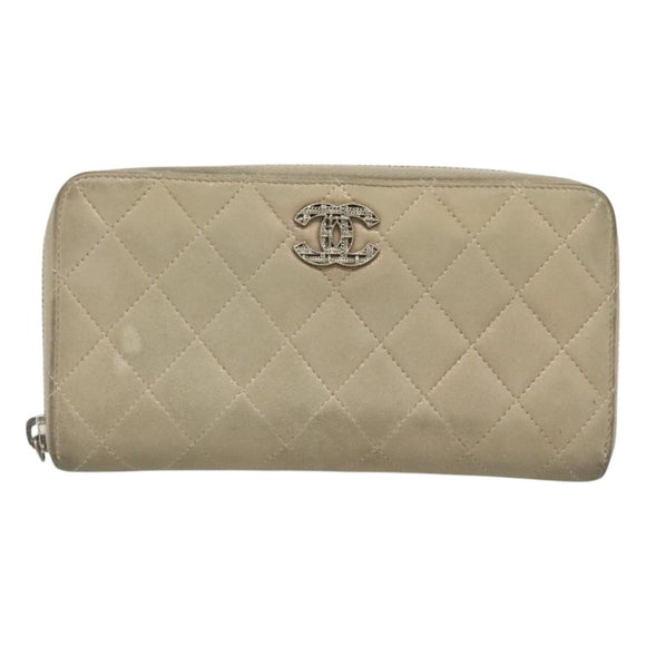 CHANEL Matelasse Long Wallet Suede Beige Silver CC Auth 130516